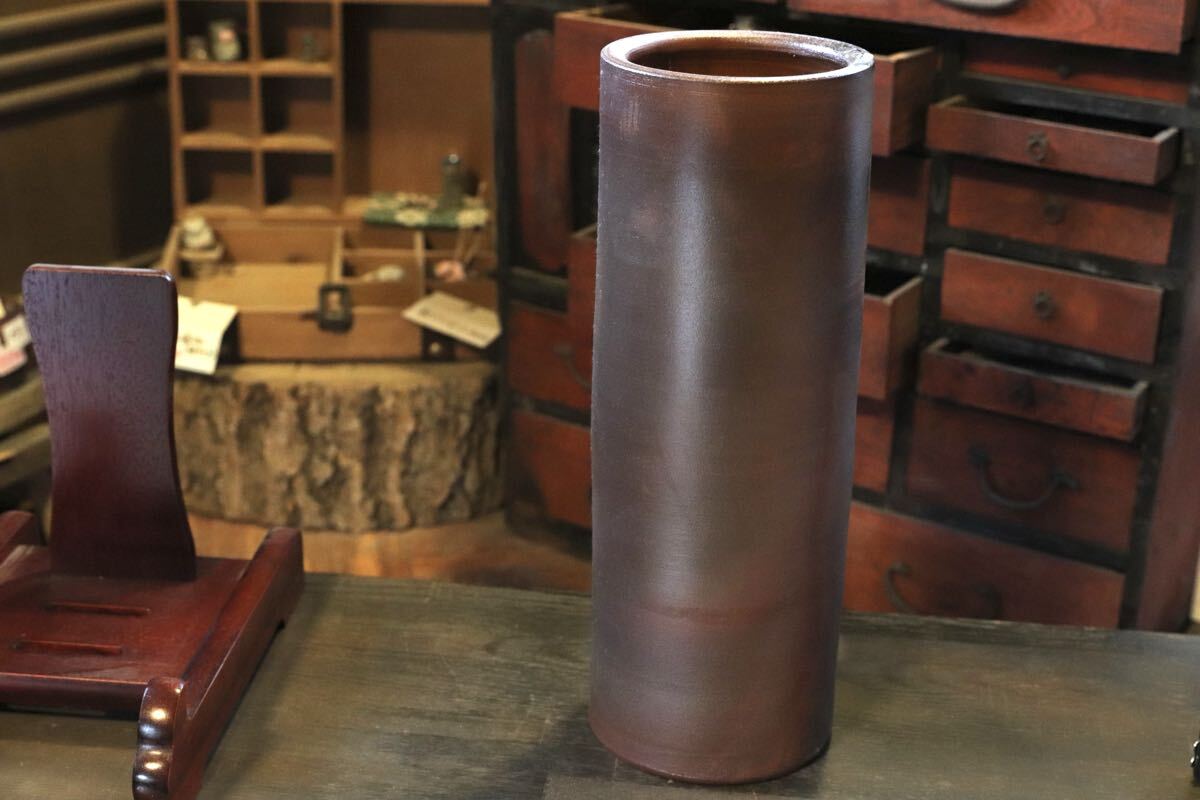 GMJI33○市野哲次 悟窯 丹波焼 大型筒形花器 花入 花瓶 大型花瓶 長筒 現代陶芸 作家物 オブジェ 和モダン