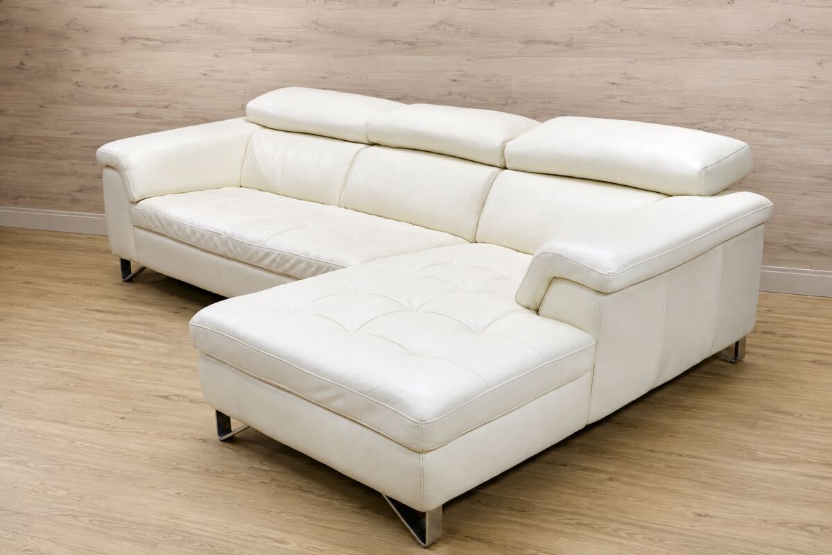 GMEK1234○IDC OTSUKA / 大塚家具 L/S Comfort-08 LSコンフォート08 カウチソファ 総本革 ホワイト 可動式ヘッドレスト 参考定価48.6万