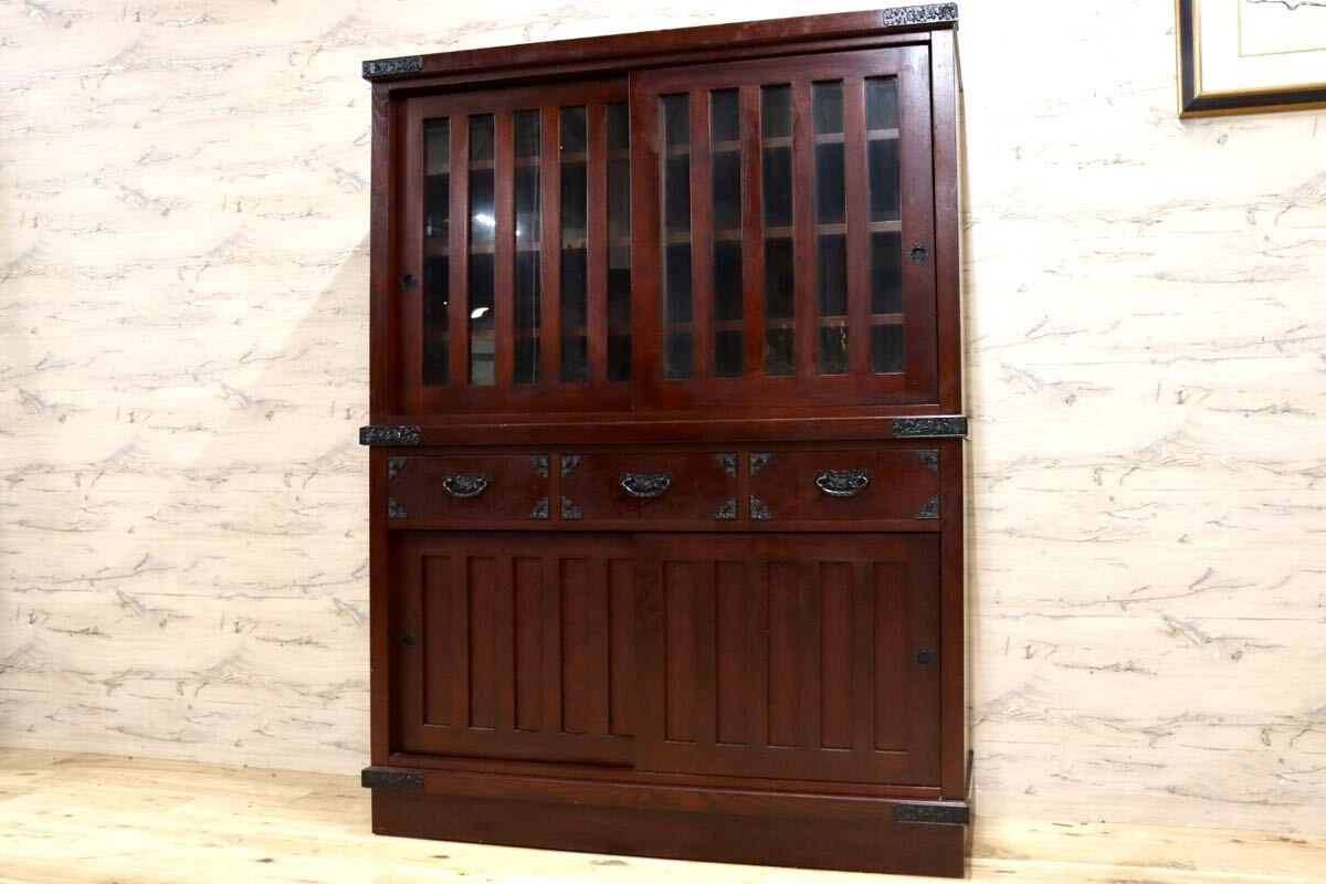 GMJH355B◯吉野民芸 水屋 食器棚 キャビネット 飾り棚 伝統工芸 和家具 和室 座敷 古民家 和モダン 収納家具 昭和レトロ 欅 定価約33万