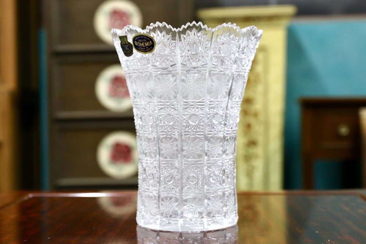 GMJH414C○BOHEMIA GLASS / ボヘミアガラス 500PK クリスタルガラス花瓶 ハンドカット フラワーベース 花器 旧チェコスロバキア製