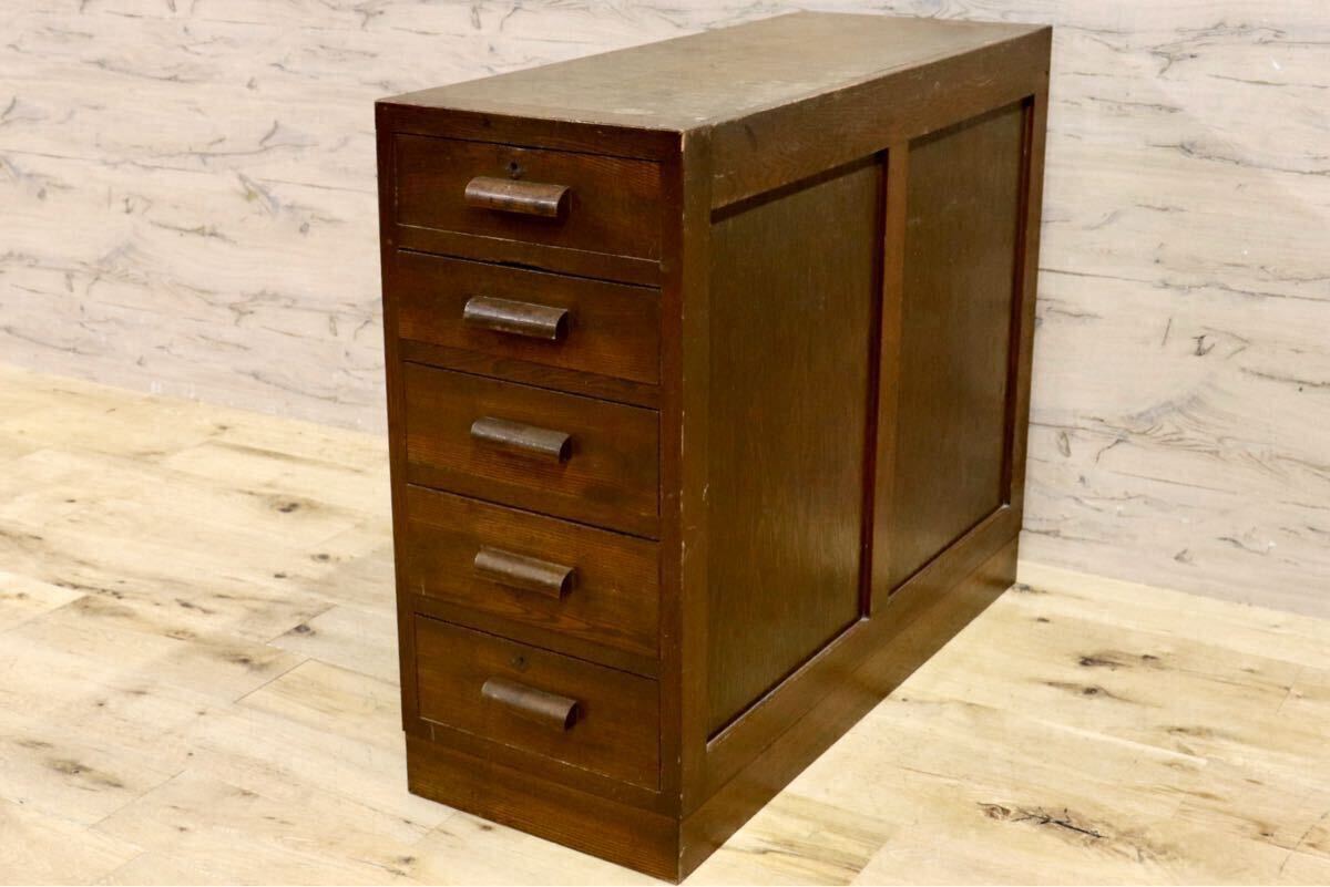 GMIH82○袖机 脇机 引出し収納 古家具 楢材 無垢 和家具 昭和レトロ アンティーク 家具