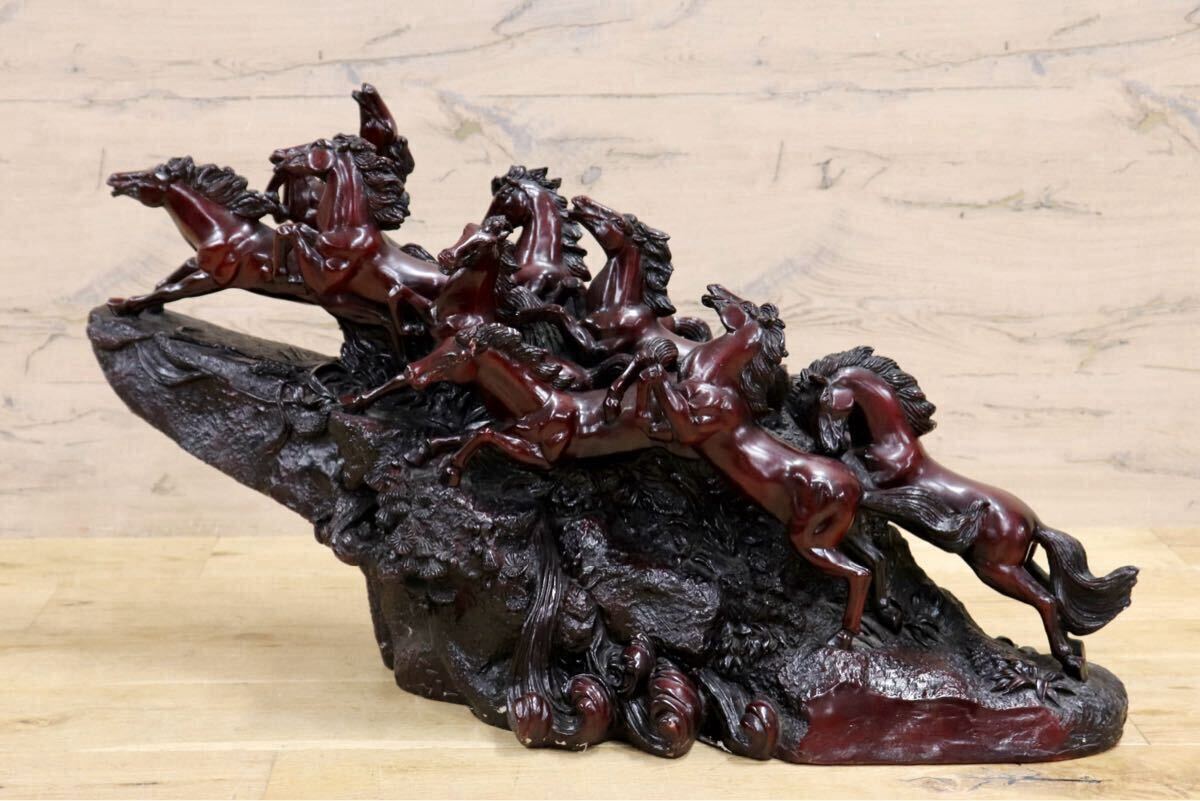 GMIH98A○九頭馬 馬の置物 縁起物 中国美術 木彫り風 樹脂製 アンティーク オブジェ