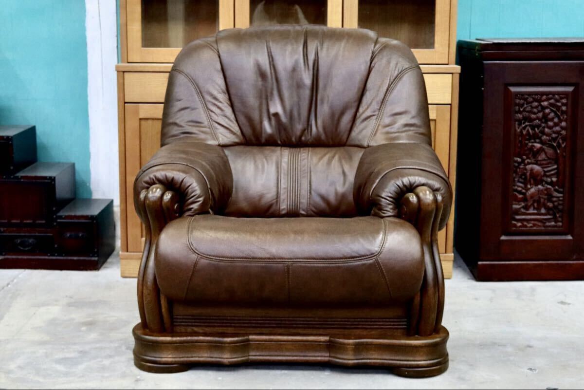 GMIK647○オランダ製 ダッチカントリー 1人掛けソファ シングルソファ オーク材 本革 応接 リビング ブラウン ヴィンテージ 約35万