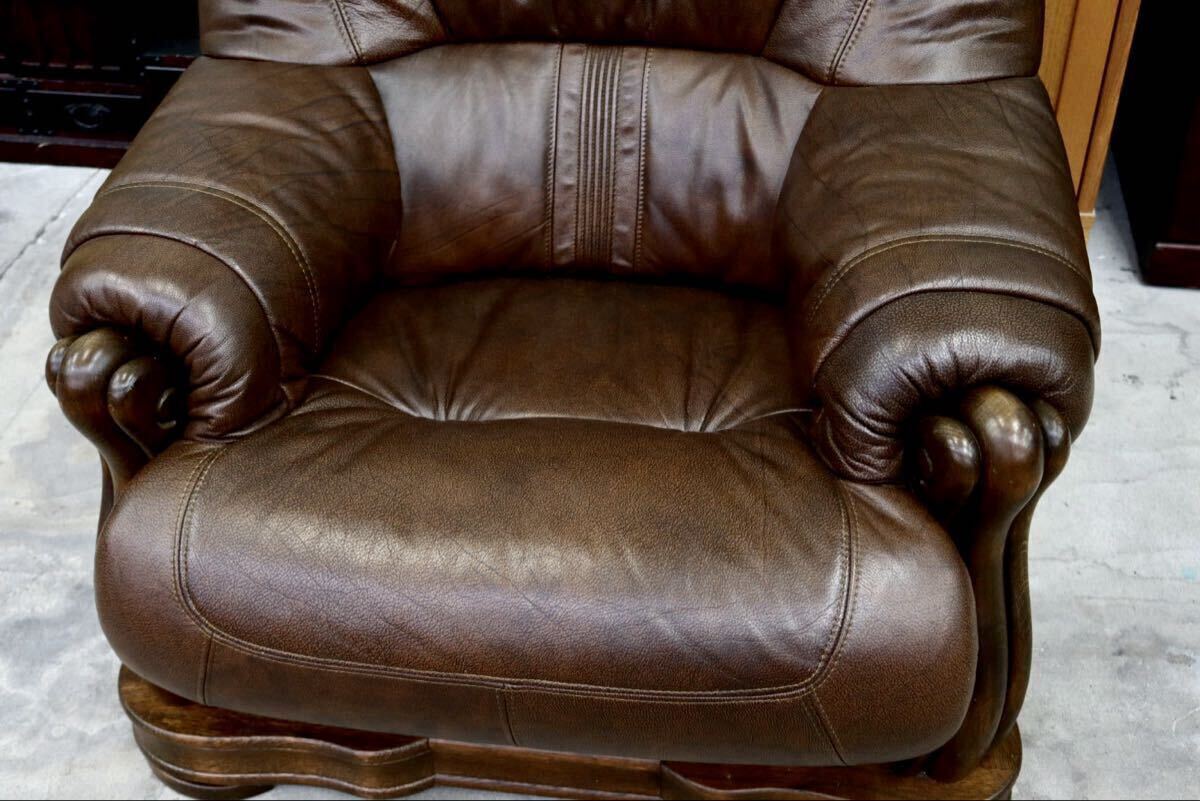 GMIK647○オランダ製 ダッチカントリー 1人掛けソファ シングルソファ オーク材 本革 応接 リビング ブラウン ヴィンテージ 約35万