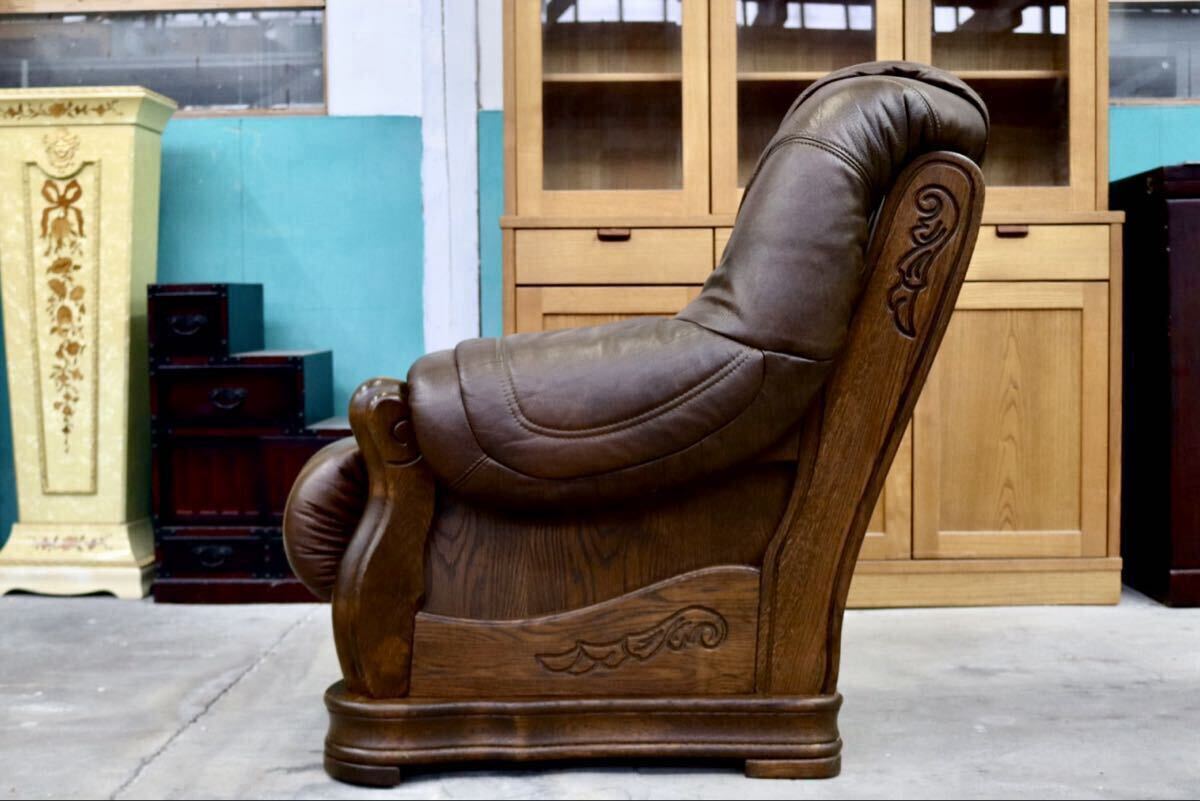 GMIK647○オランダ製 ダッチカントリー 1人掛けソファ シングルソファ オーク材 本革 応接 リビング ブラウン ヴィンテージ 約35万