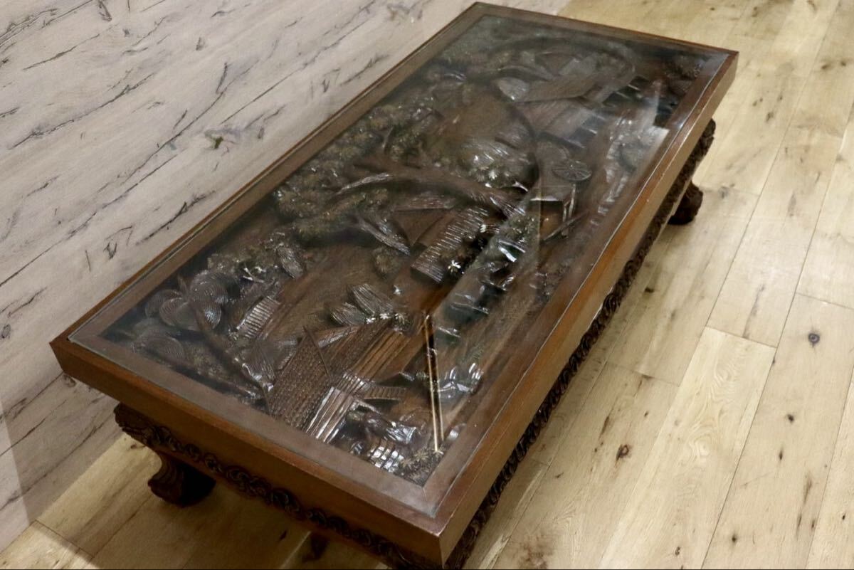 GMIH433○木彫テーブル 彫刻座卓 アジアン民芸 ガラス天板 センターテーブル ローテーブル 机 店舗什器 アンティーク