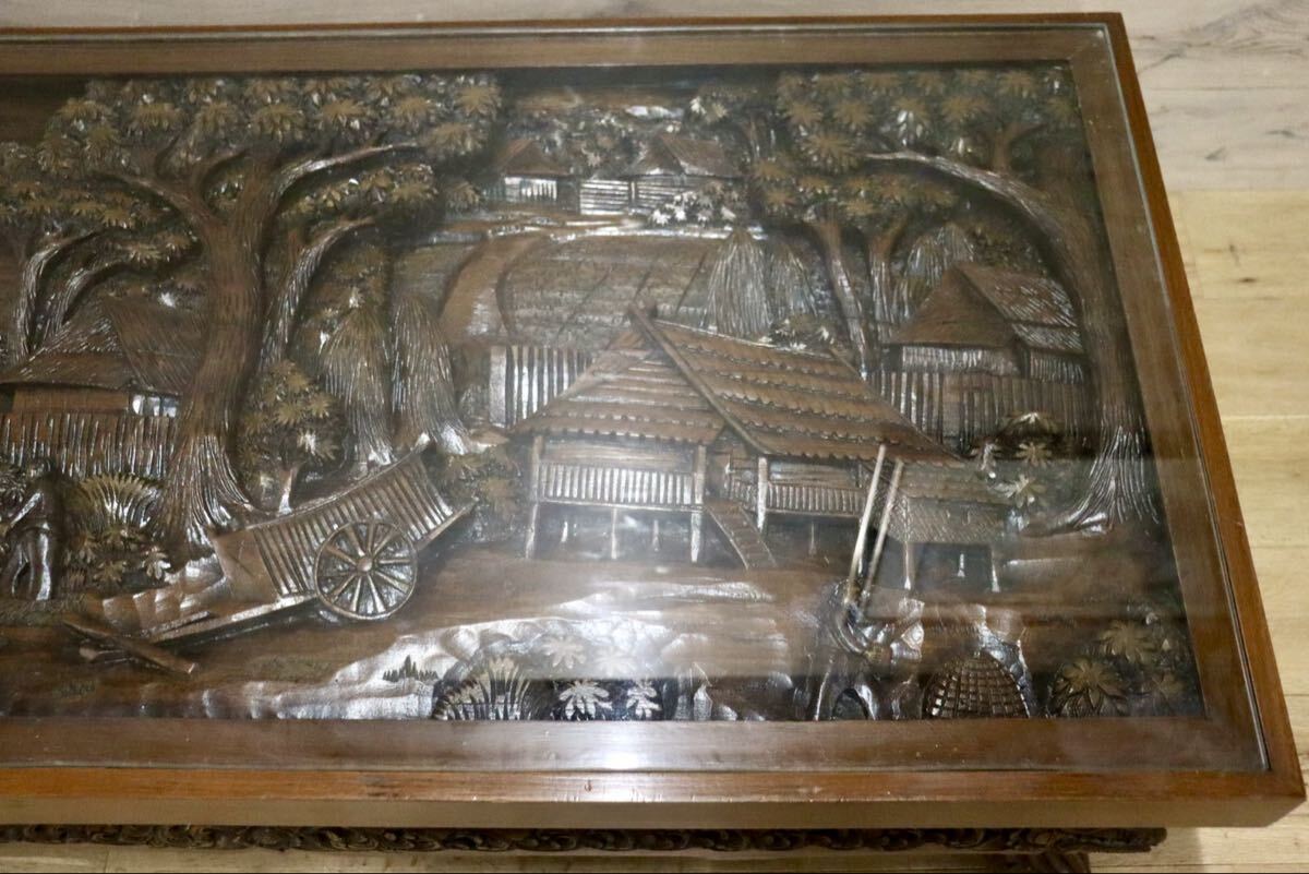 GMIH433○木彫テーブル 彫刻座卓 アジアン民芸 ガラス天板 センターテーブル ローテーブル 机 店舗什器 アンティーク