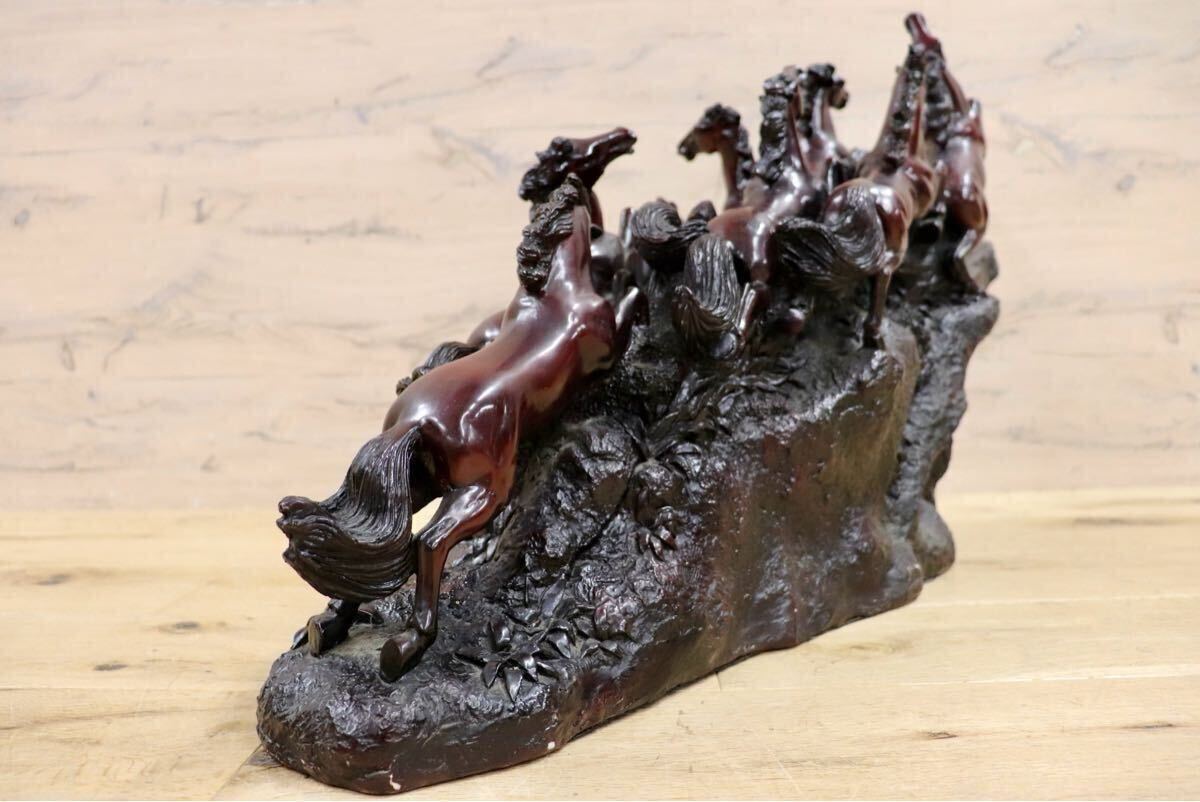 GMIH98A○九頭馬 馬の置物 縁起物 中国美術 木彫り風 樹脂製 アンティーク オブジェ