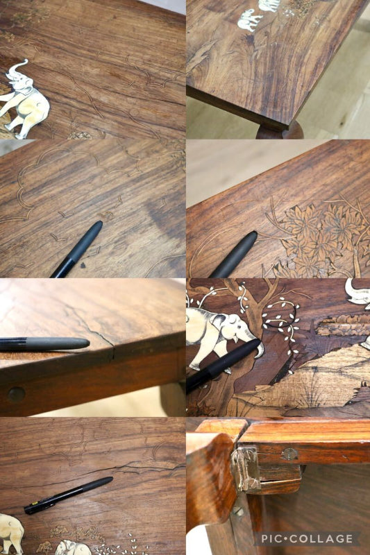 GMIH427A○象嵌細工 アジアンアンティーク ローテーブル 座卓 猫脚 木製 センターテーブル ヴィンテージ リビングテーブル