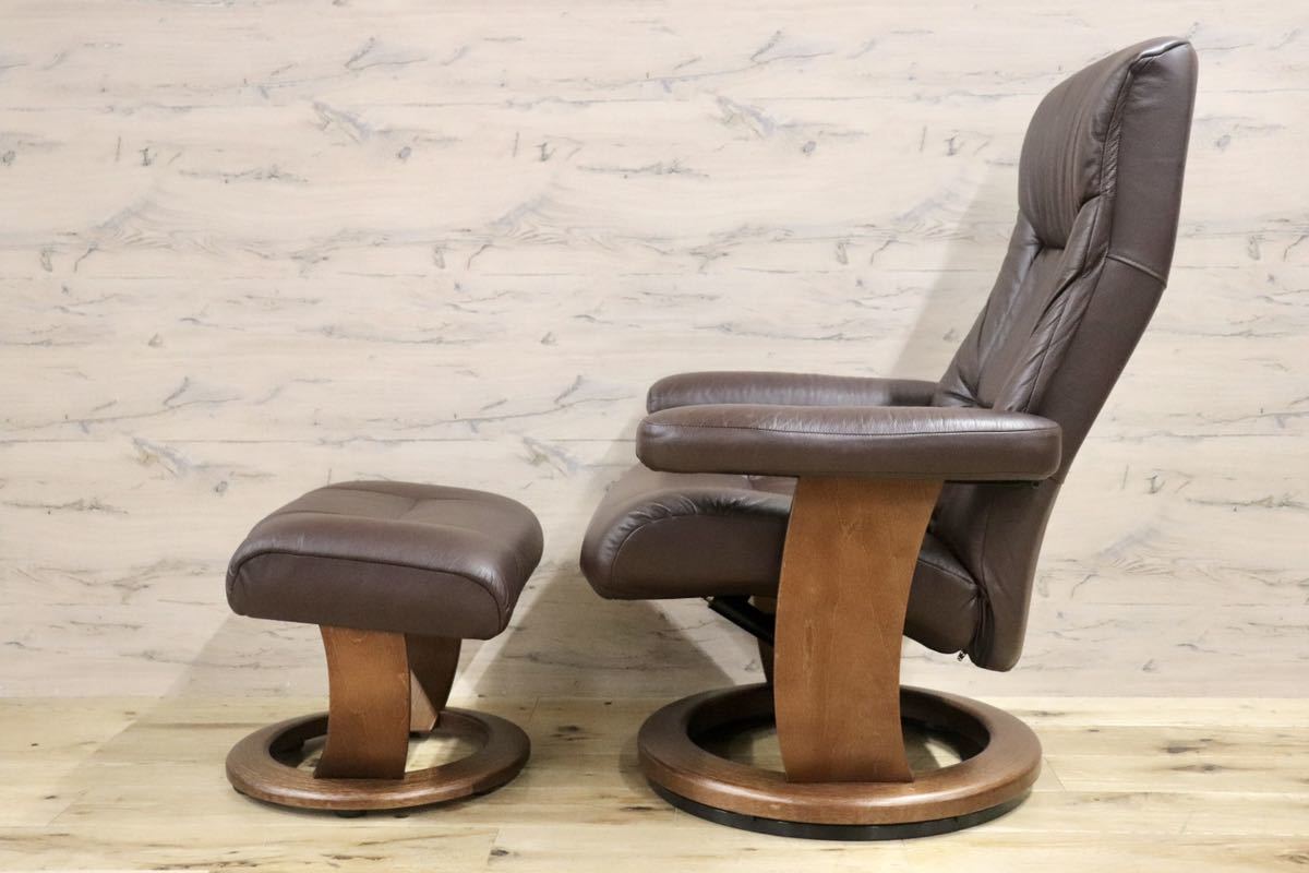 GMGK7○Nordic Easy Chair リクライニングチェア パーソナルチェア 本革 ブラウン 北欧 デンマーク フランスベッド 定価約18万 美品