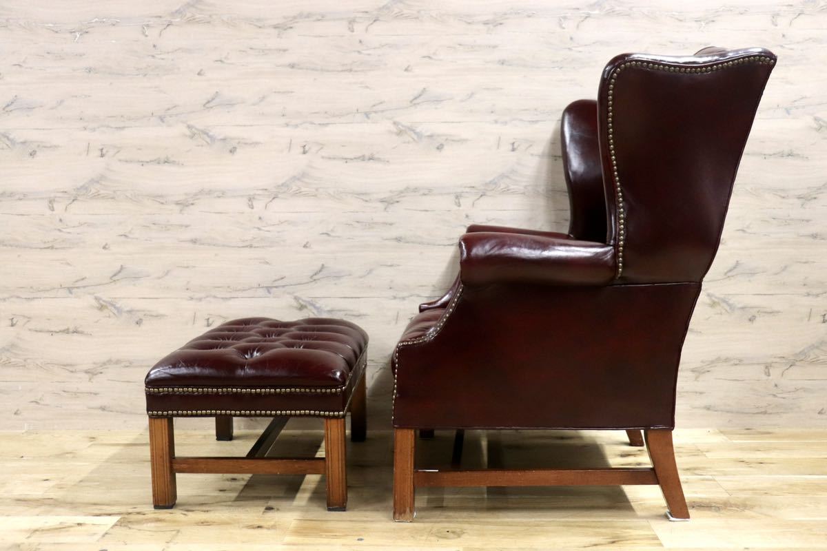 GMGO1○西洋 イギリス アンティーク チェスターフィールド 1人掛けソファ ラウンジチェア ウィングバックチェア 本革 臙脂色 鋲打 本物