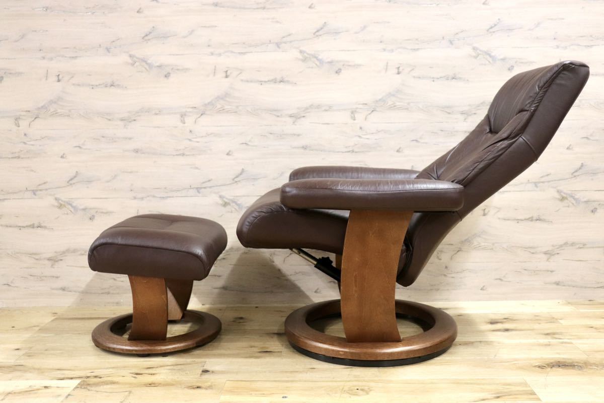 GMGK7○Nordic Easy Chair リクライニングチェア パーソナルチェア 本革 ブラウン 北欧 デンマーク フランスベッド 定価約18万 美品