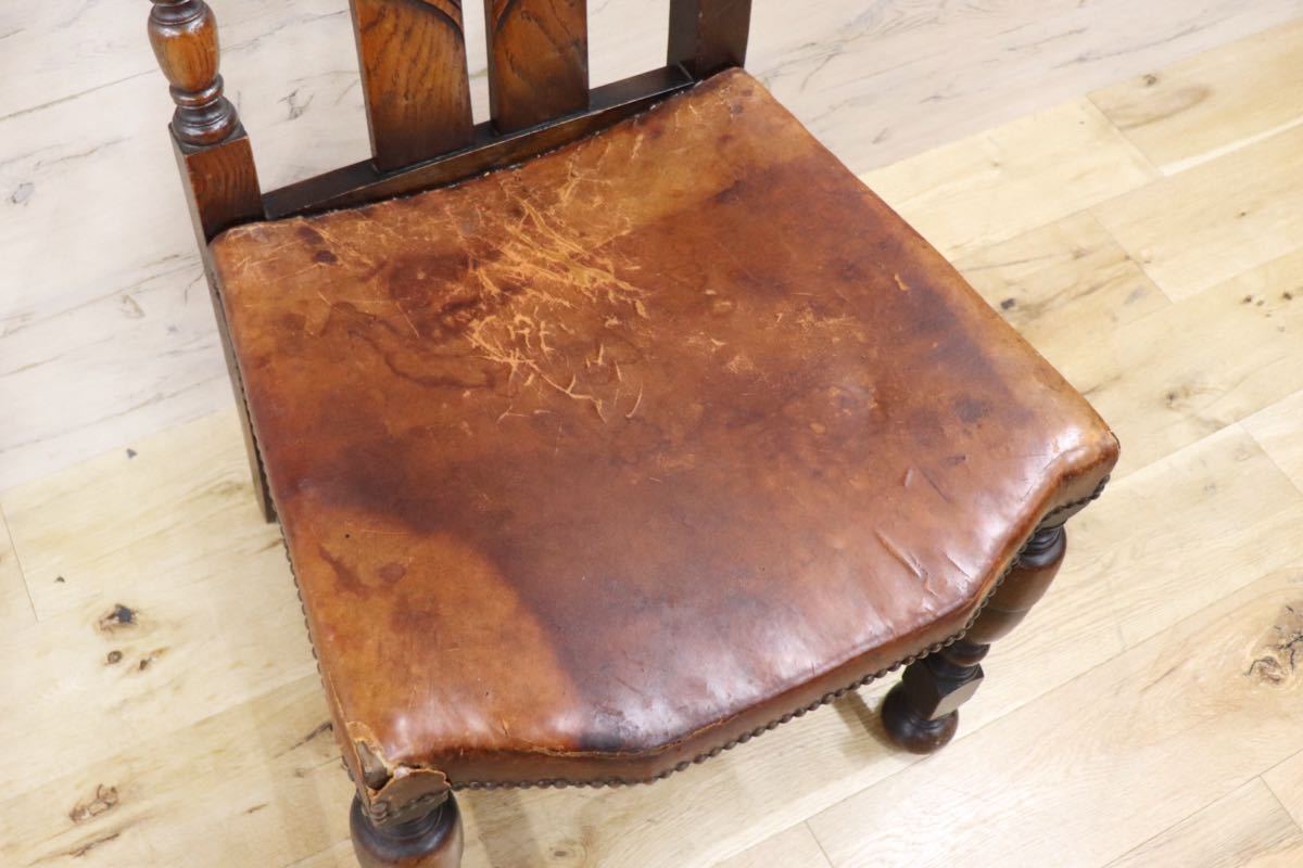 GMFS401A○英国 アンティーク ダイニングチェア 椅子 本革 レザー 飾り棚 彫刻 輸入家具 クラシック ヴィンテージ