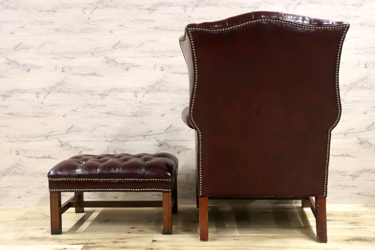 GMGO1○西洋 イギリス アンティーク チェスターフィールド 1人掛けソファ ラウンジチェア ウィングバックチェア 本革 臙脂色 鋲打 本物