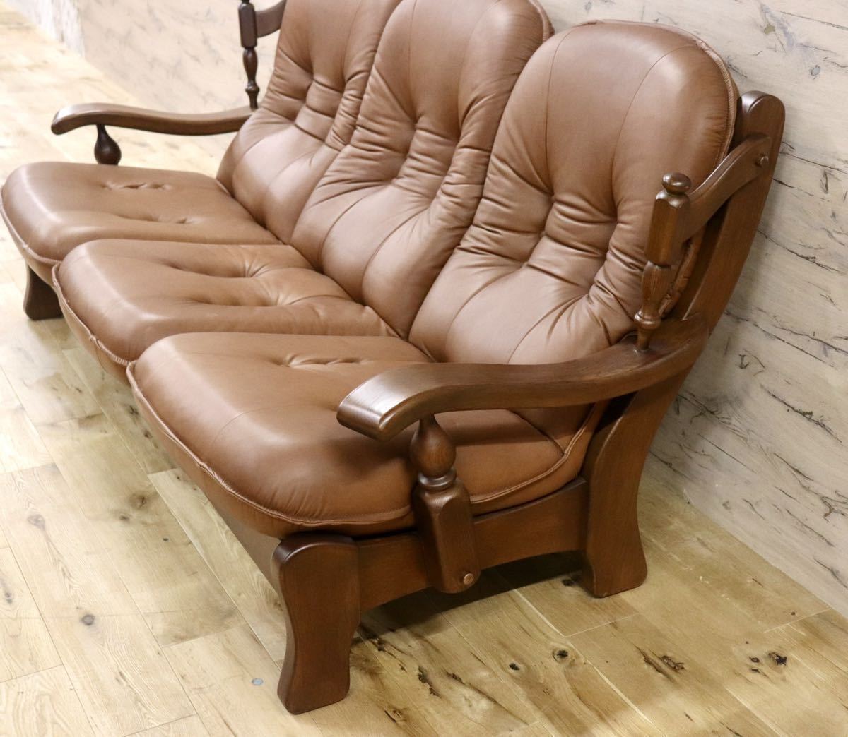 GMFN177○オランダ ダッチカントリースタイル 3人掛けソファ トリプルソファ 本革 ブラウン オーク材