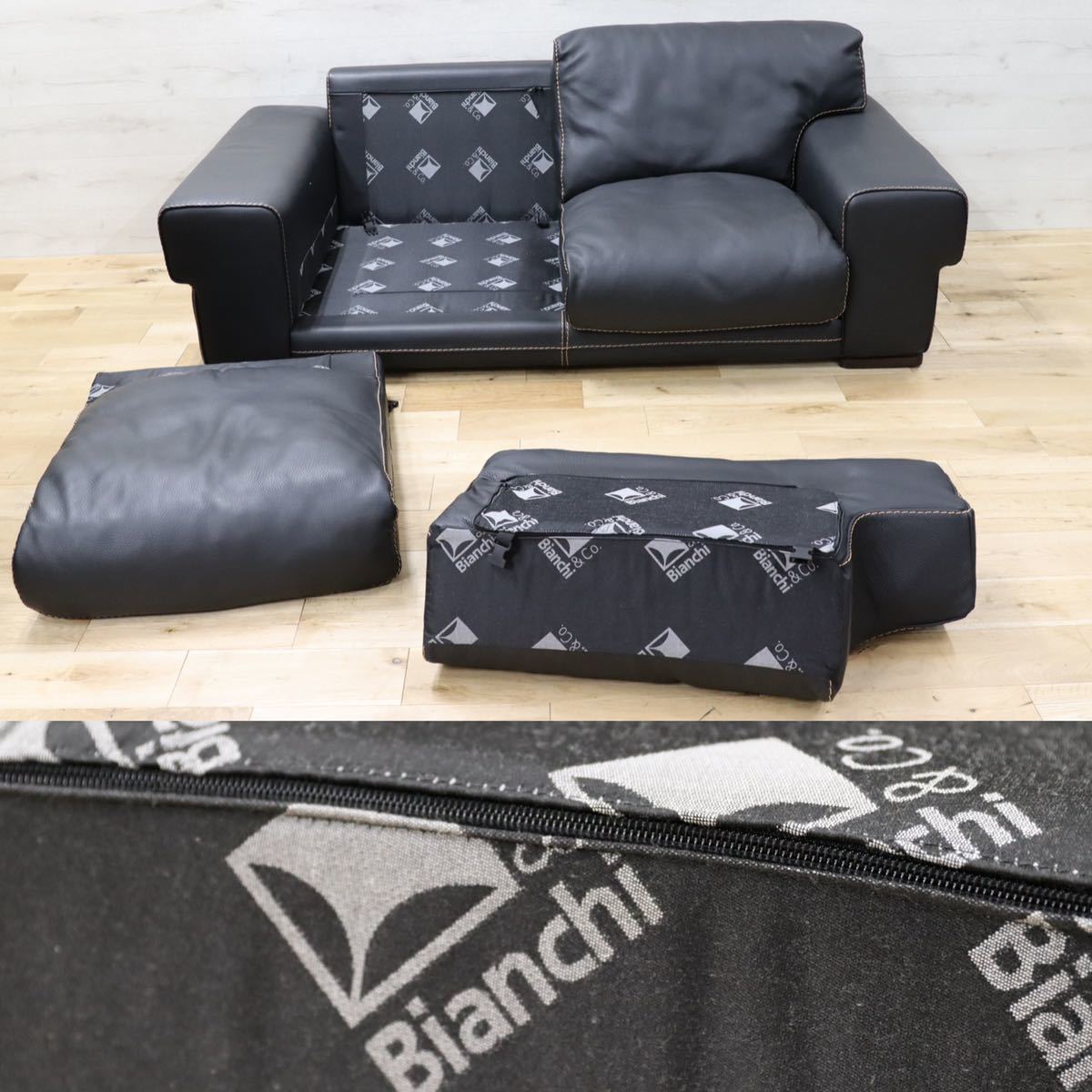 GMEK583○Bianchi & Co. / ビアンキ ダンテ 3人掛けソファ トリプルソファ イタリア製 黒総革 高級 定価約77万 展示品
