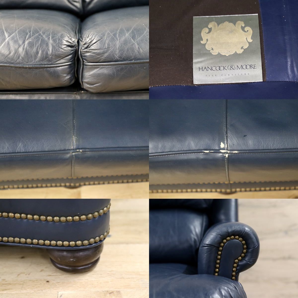 GMFK752○Hancock & Moore / ハンコック&ムーア 3人掛けソファ トリプルソファ 総革 青 ホワイトハウス御用達 IDC大塚家具 定価約120万