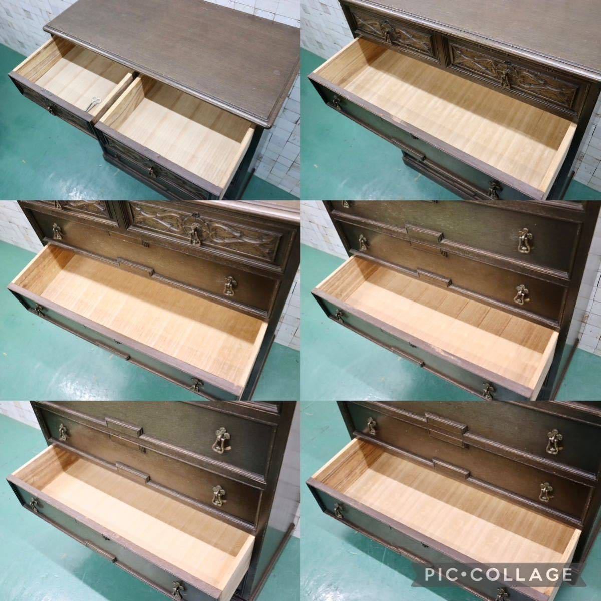 GMFT430○神戸洋家具 たかねや 6段チェスト 整理タンス 収納家具 彫刻 オーク材 クラシカル 和製ヴィンテージ アンティーク 検)永田良介