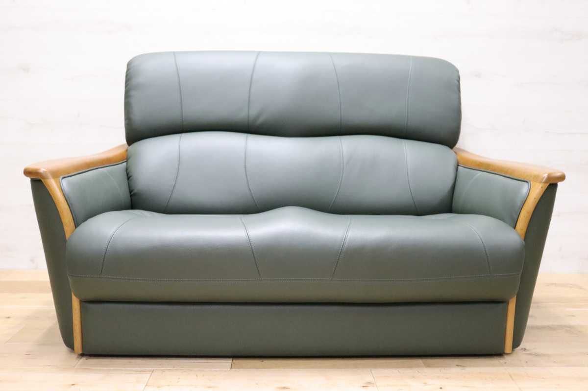 GMEH320○浜本工芸 / HAMAMOTO 2人掛けソファ ラブソファ 本革 国産家具 モダン 緑色 美品 定価約17万