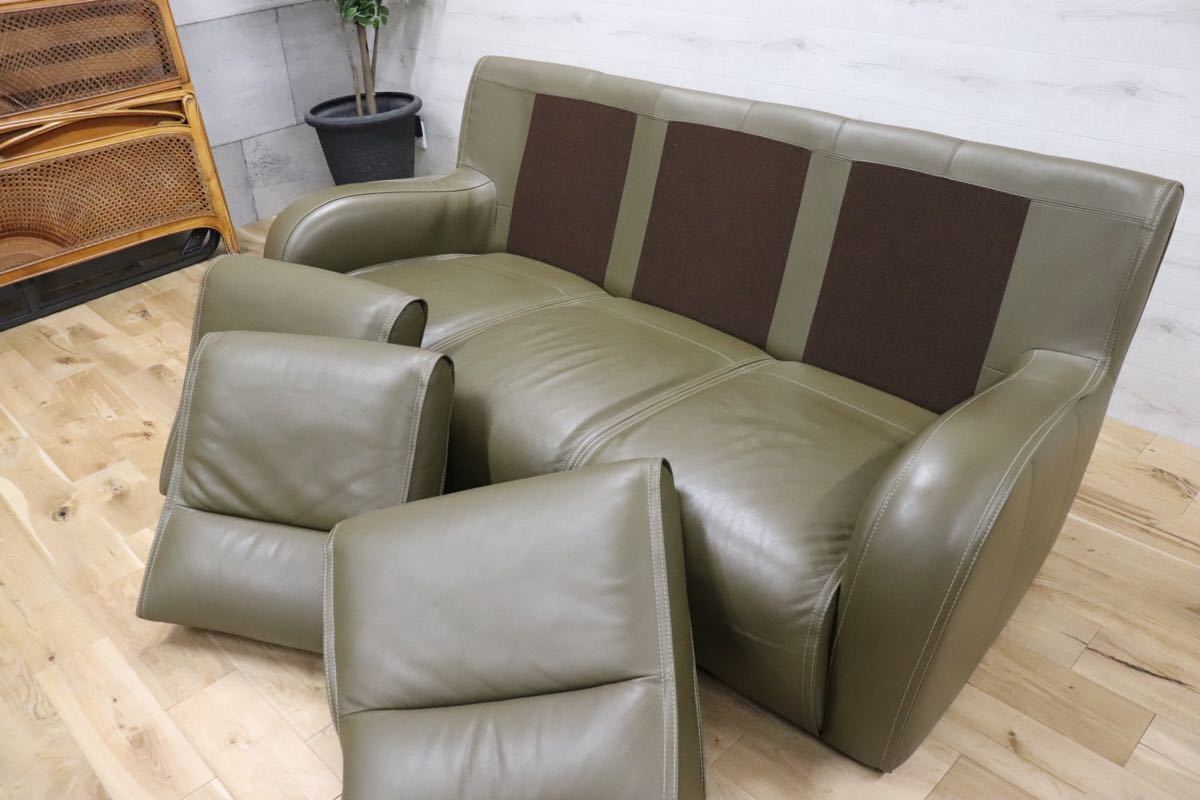 GMDN3 ○ 最高峰 domani / ドマーニ Excel-Life エクセルライフ トリプルソファ 3シーター 3人掛け 総革 モスグリーン 定価約80万 展示品
