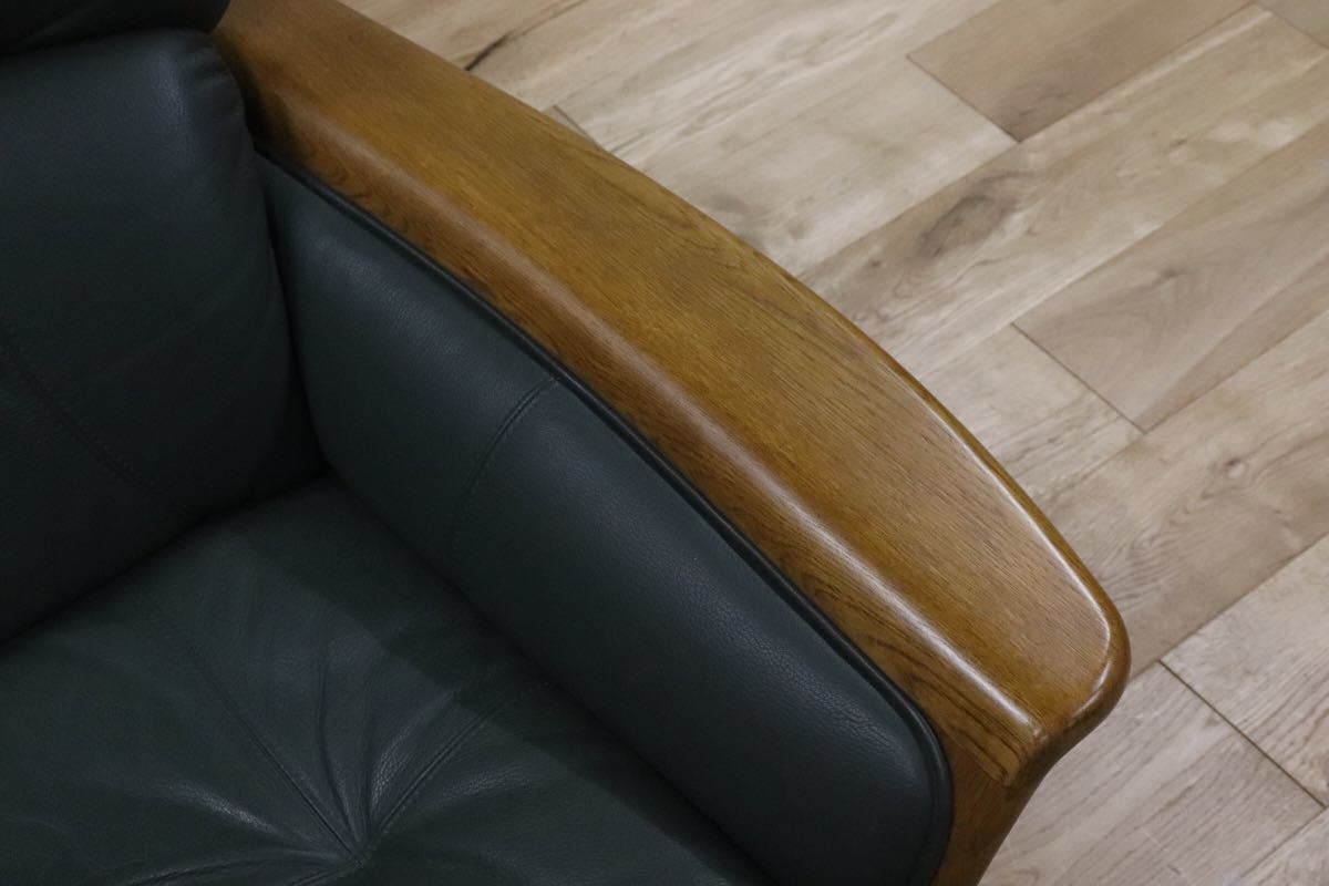 GMDKS308○ 浜本工芸 / HAMAMOTO 回転チェア シングルソファ 革張り 国産 緑 グリーン 楢材 パーソナルチェア 定価約15万