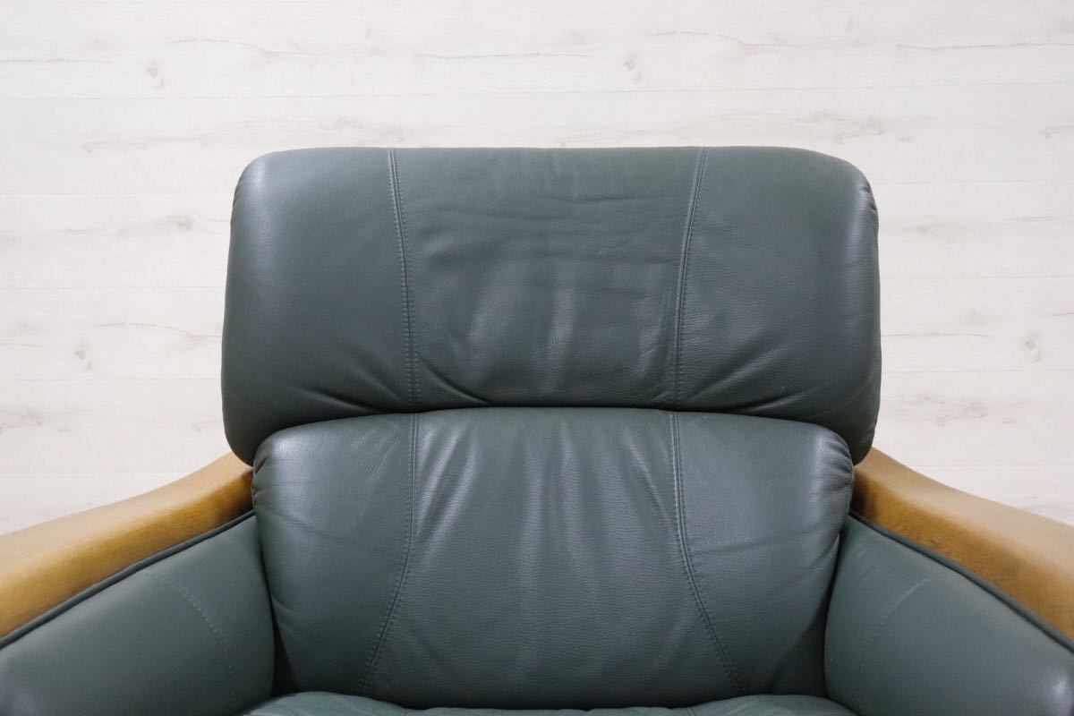 GMDKS308○ 浜本工芸 / HAMAMOTO 回転チェア シングルソファ 革張り 国産 緑 グリーン 楢材 パーソナルチェア 定価約15万