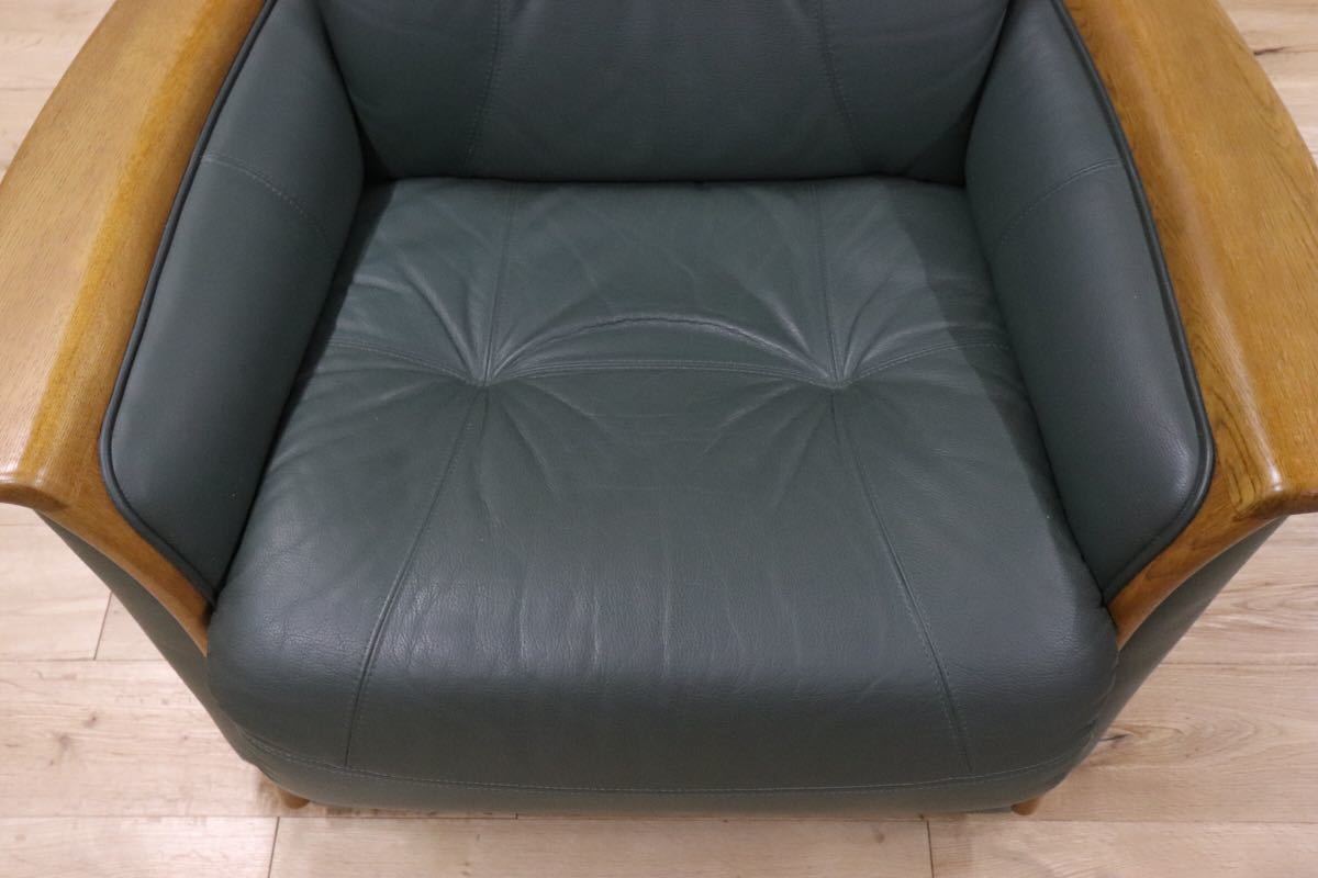 GMDKS308○ 浜本工芸 / HAMAMOTO 回転チェア シングルソファ 革張り 国産 緑 グリーン 楢材 パーソナルチェア 定価約15万