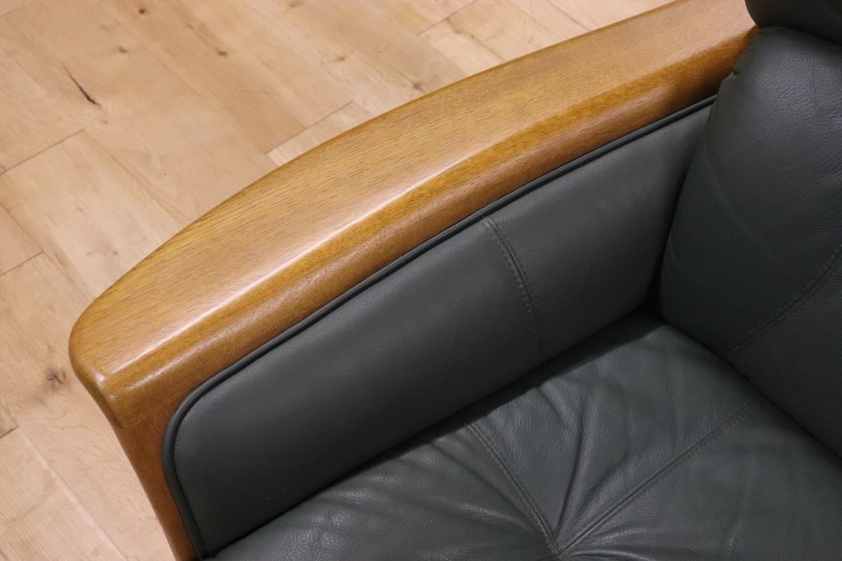 GMDKS308○ 浜本工芸 / HAMAMOTO 回転チェア シングルソファ 革張り 国産 緑 グリーン 楢材 パーソナルチェア 定価約15万