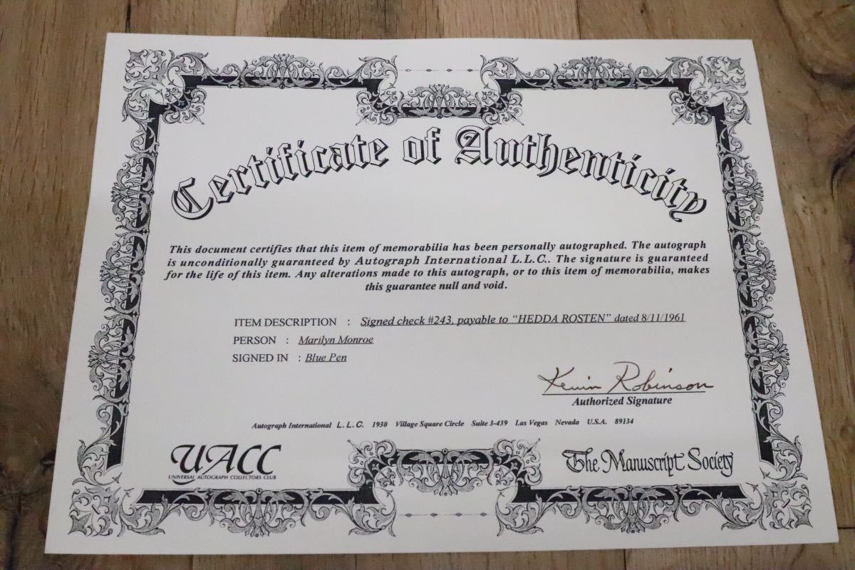 GMDH166○ Marilyn Monroe / マリリン・モンロー Autograph 直筆サイン入り小切手 激レア 1961年 保証書 / 鑑定書付き