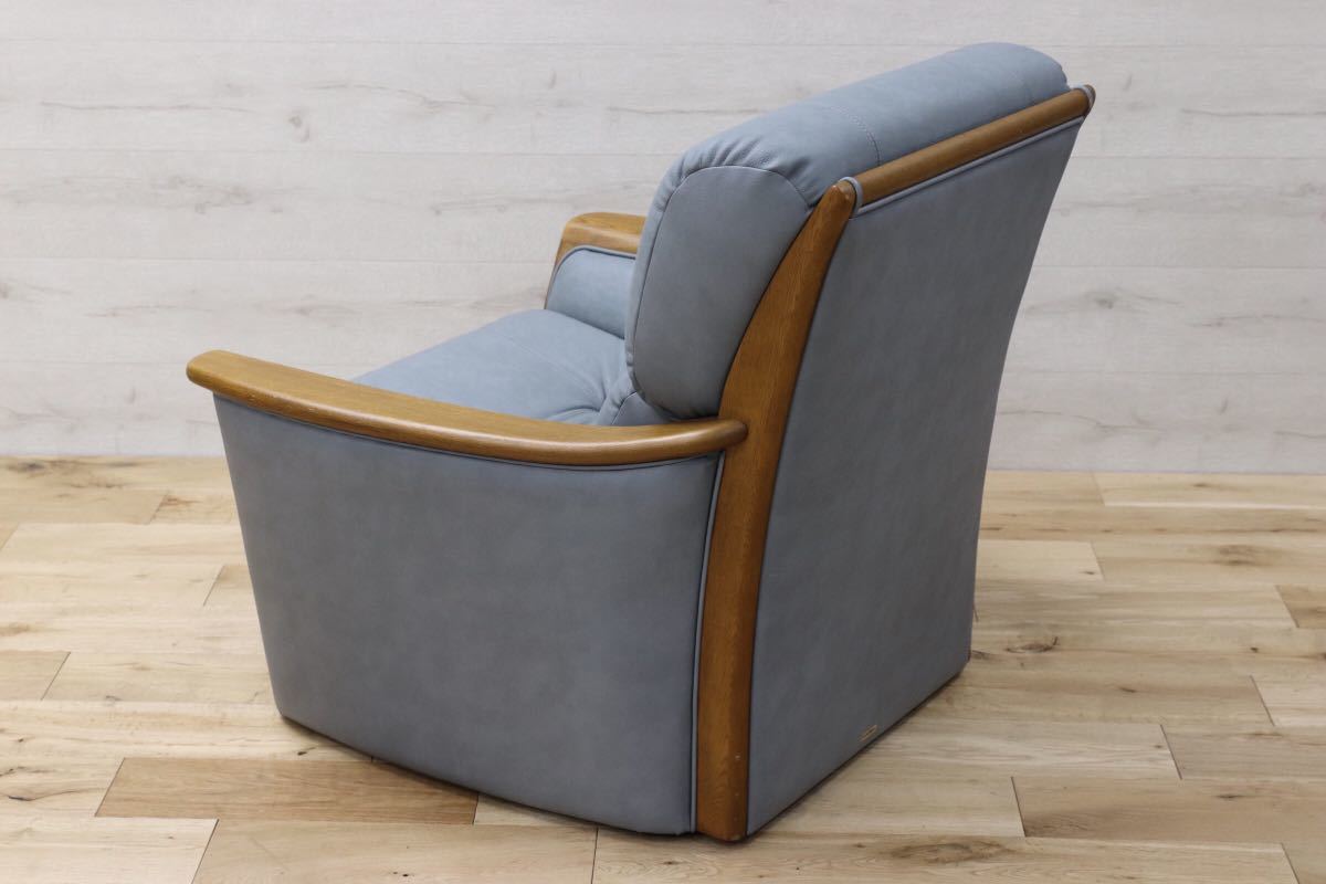 GMET73○浜本工芸 / HAMAMOTO シングルソファ パーソナルチェア 本革 ソファ 水色 国産家具 楢材 モダン 定価約15万