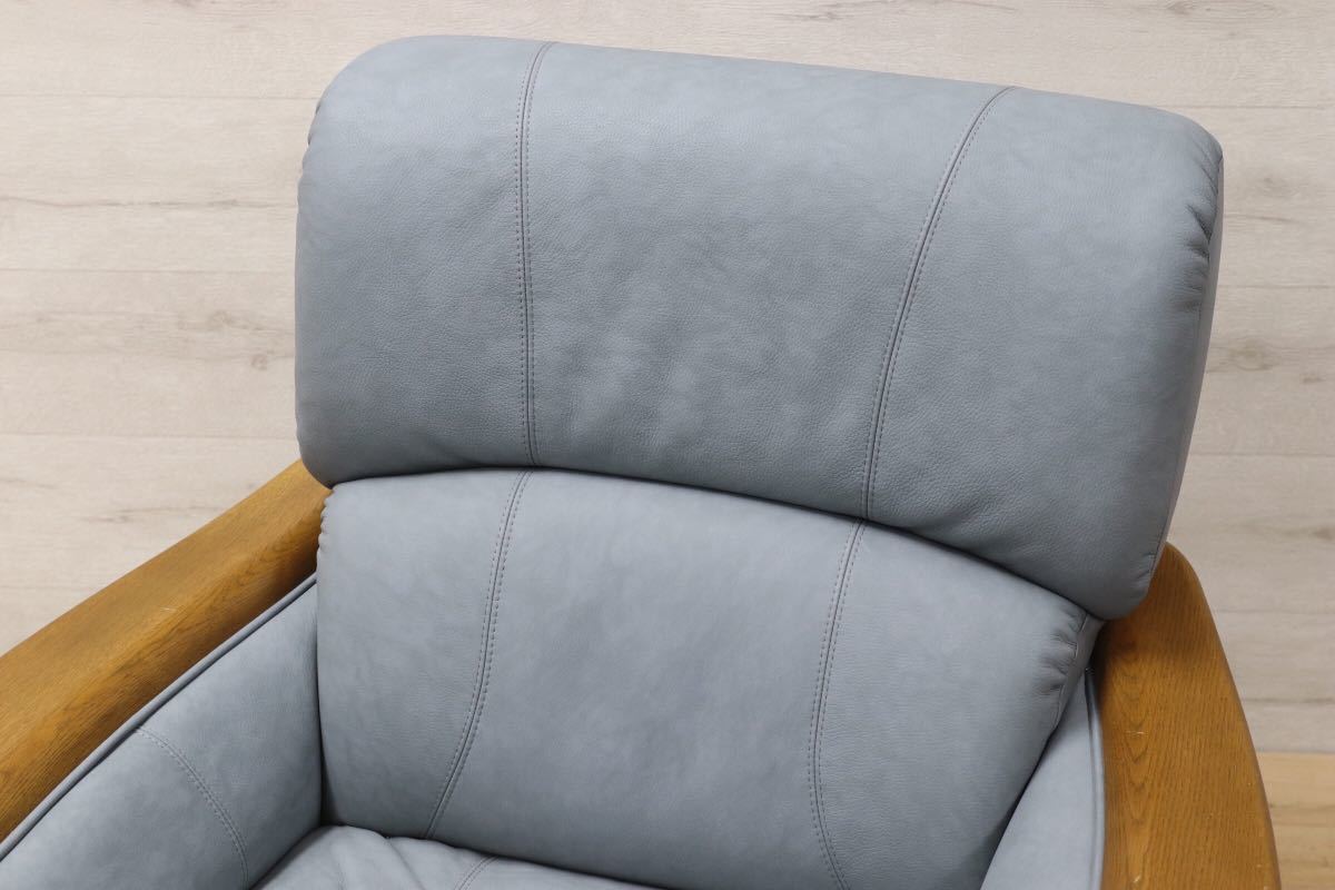 GMET73○浜本工芸 / HAMAMOTO シングルソファ パーソナルチェア 本革 ソファ 水色 国産家具 楢材 モダン 定価約15万