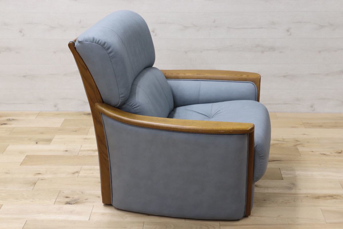 GMET73○浜本工芸 / HAMAMOTO シングルソファ パーソナルチェア 本革 ソファ 水色 国産家具 楢材 モダン 定価約15万