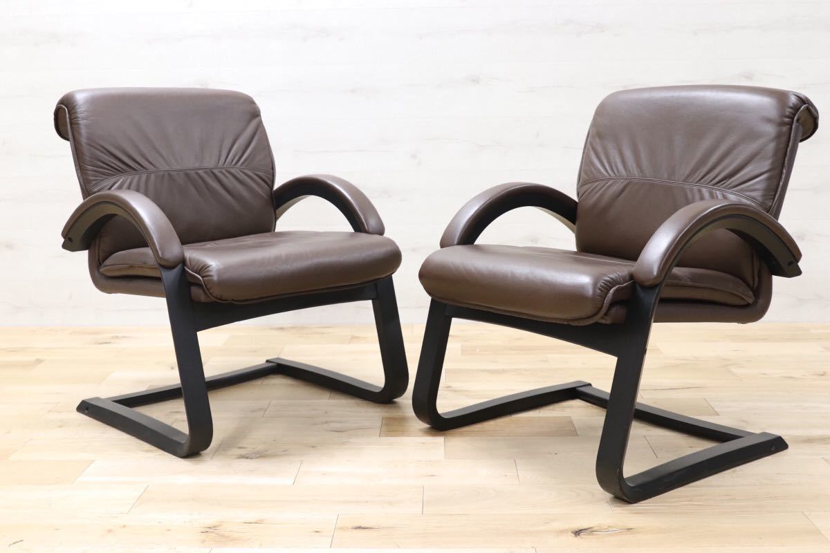 GMEN55B○内田洋行 / UCHIDA 高級 アームチェア 2脚セット ブラウン レザー 革張り カンチレバー 事務 オフィス 応接 書斎 定価約27万