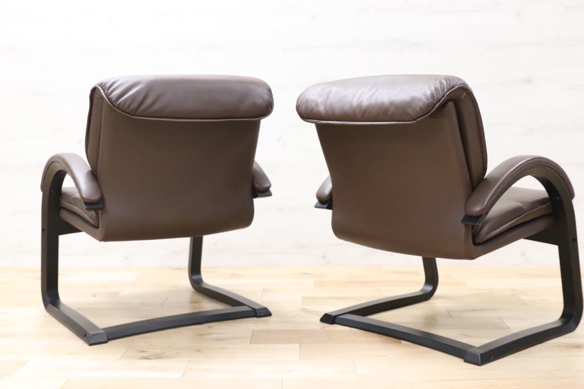 GMEN55B○内田洋行 / UCHIDA 高級 アームチェア 2脚セット ブラウン レザー 革張り カンチレバー 事務 オフィス 応接 書斎 定価約27万
