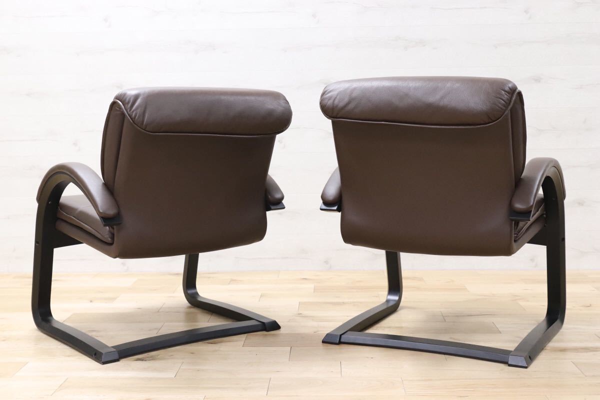 GMEN55E○内田洋行 / UCHIDA 高級 アームチェア 2脚セット ブラウン レザー 革張り カンチレバー 事務 オフィス 応接 書斎 定価約27万