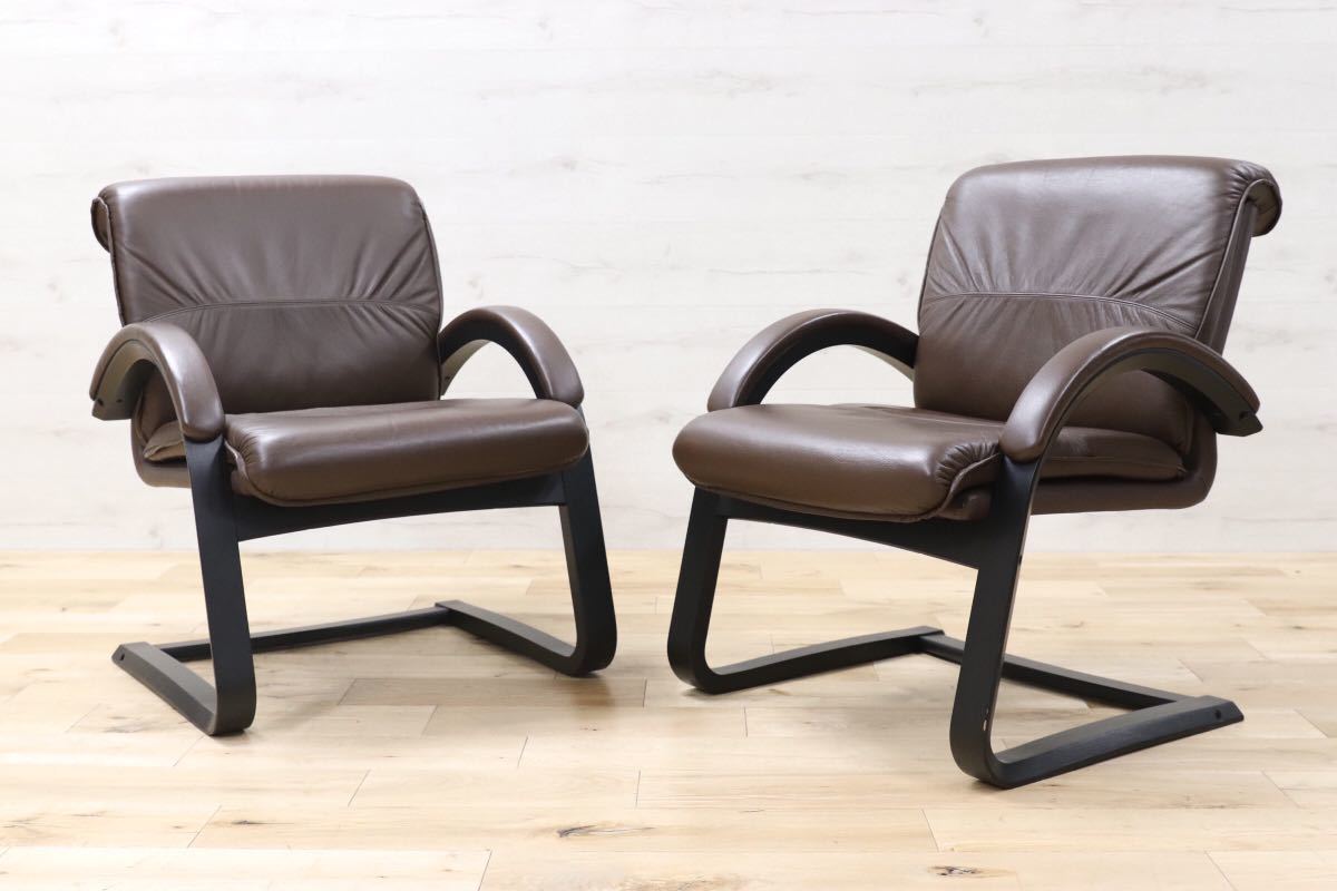 GMEN55E○内田洋行 / UCHIDA 高級 アームチェア 2脚セット ブラウン レザー 革張り カンチレバー 事務 オフィス 応接 書斎 定価約27万