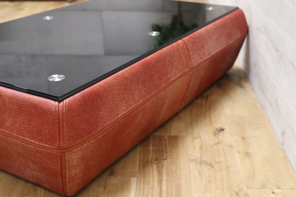 GMEN95○KELVIN GIORMANI / ケルビンジョルマーニ 総本革 ガラステーブル リビングテーブル センターテーブル 応接