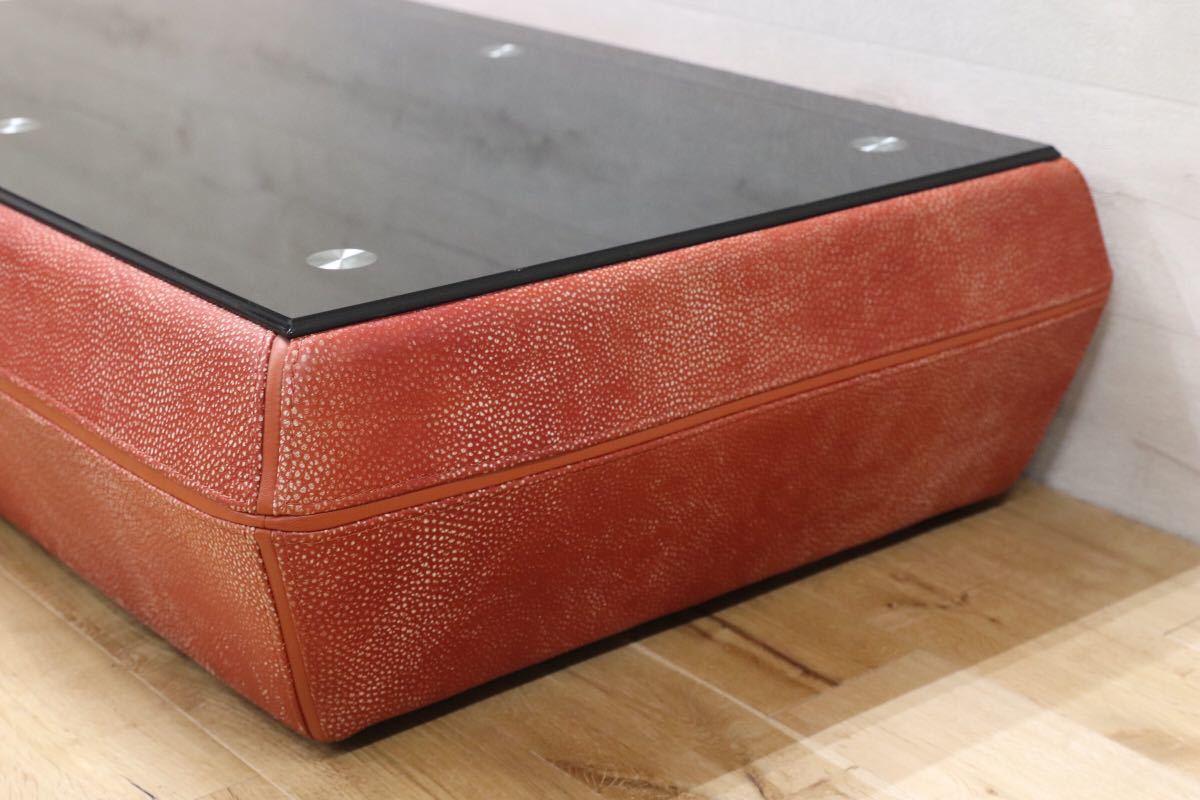 GMEN95○KELVIN GIORMANI / ケルビンジョルマーニ 総本革 ガラステーブル リビングテーブル センターテーブル 応接