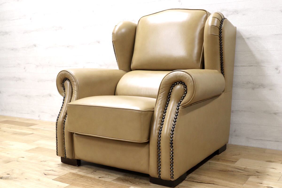 GMEK397A○富超居 FUYUEIU 台湾 シングルソファ 1人掛けソファ 本革 チェスター ラウンジチェア 希少 鋲打 英国スタイル