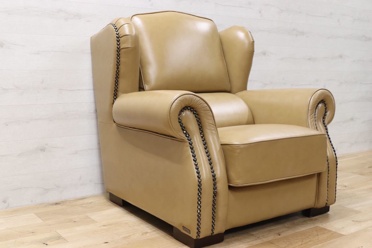 GMEK397A○富超居 FUYUEIU 台湾 シングルソファ 1人掛けソファ 本革 チェスター ラウンジチェア 希少 鋲打 英国スタイル