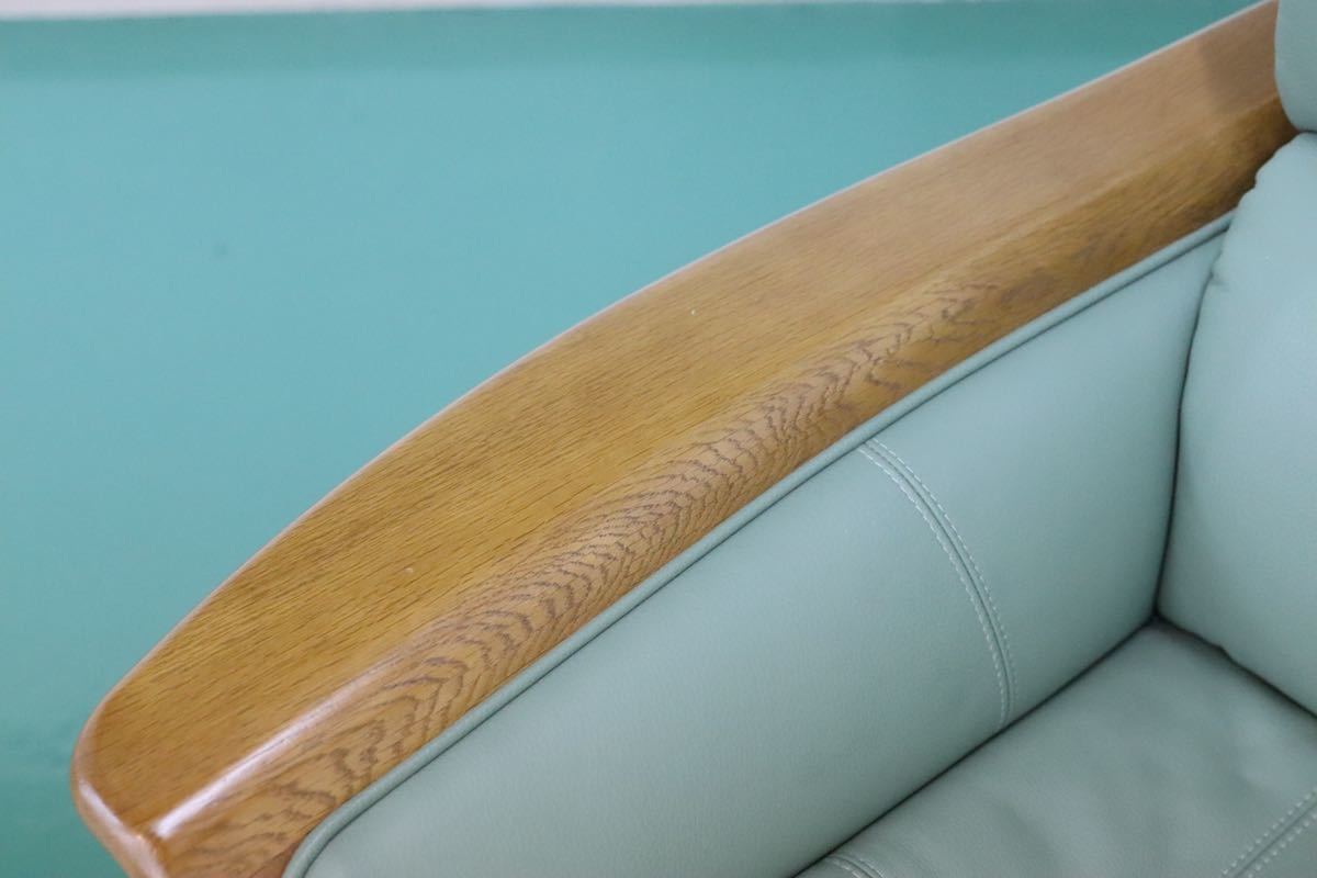 GMEH267○浜本工芸 / HAMAMOTO 1人掛けソファ シングルソファ 本革 回転チェア 楢材 国産家具 緑 グリーン ラウンジチェア 定価約15万