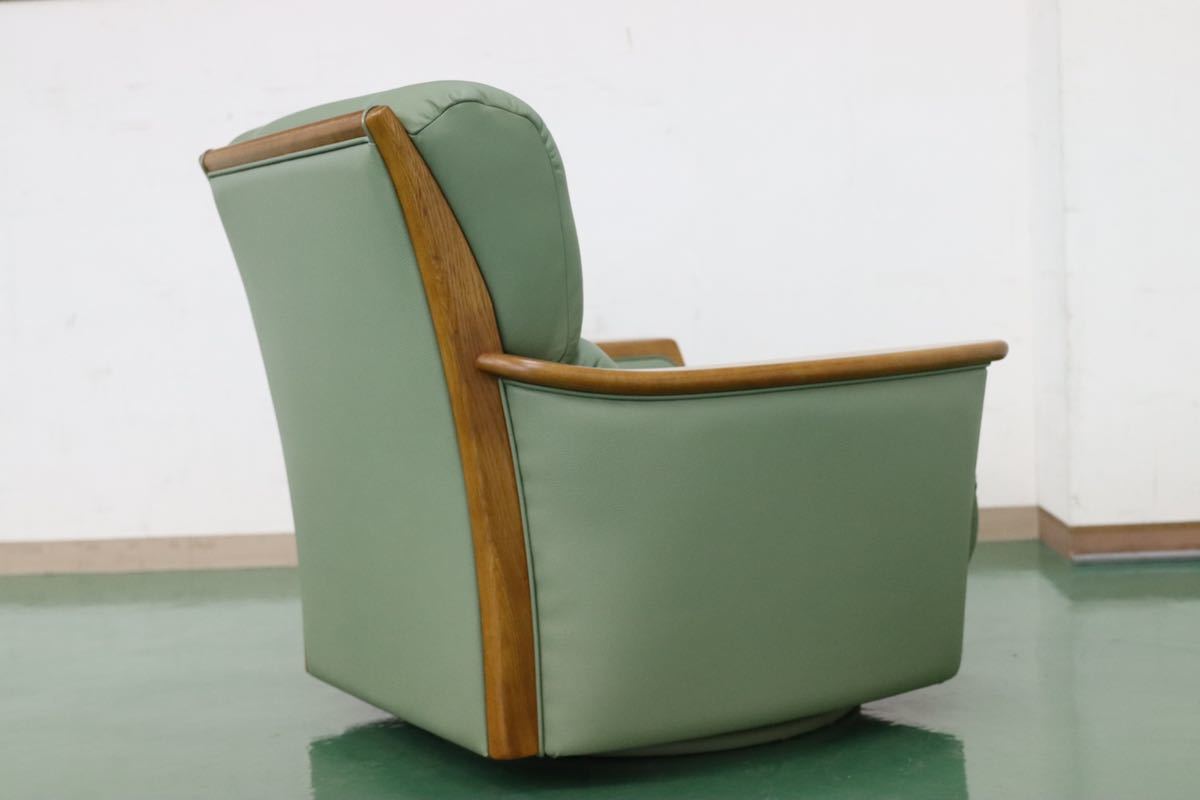 GMEH267○浜本工芸 / HAMAMOTO 1人掛けソファ シングルソファ 本革 回転チェア 楢材 国産家具 緑 グリーン ラウンジチェア 定価約15万