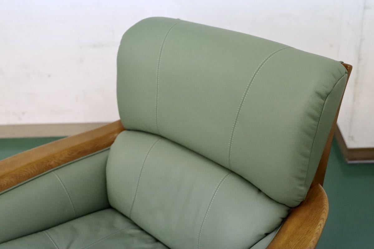 GMEH267○浜本工芸 / HAMAMOTO 1人掛けソファ シングルソファ 本革 回転チェア 楢材 国産家具 緑 グリーン ラウンジチェア 定価約15万