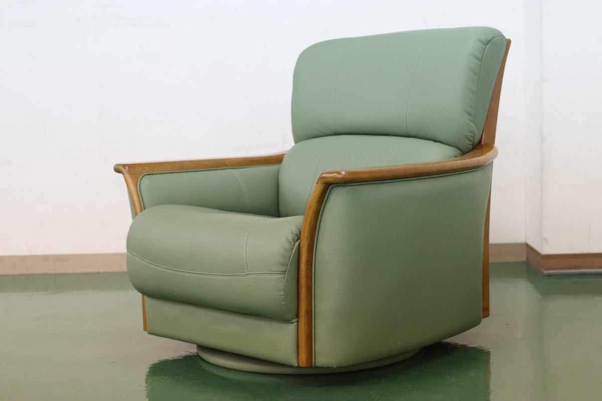 GMEH267○浜本工芸 / HAMAMOTO 1人掛けソファ シングルソファ 本革 回転チェア 楢材 国産家具 緑 グリーン ラウンジチェア 定価約15万