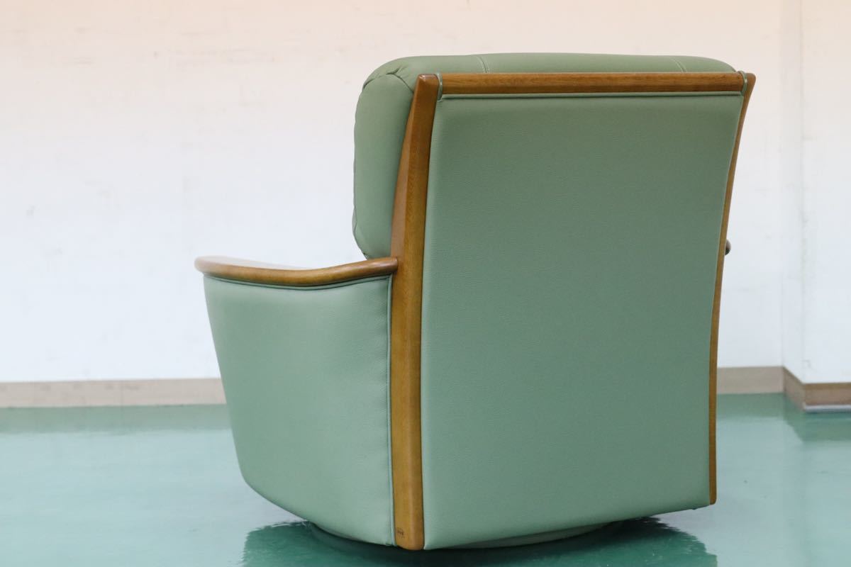 GMEH267○浜本工芸 / HAMAMOTO 1人掛けソファ シングルソファ 本革 回転チェア 楢材 国産家具 緑 グリーン ラウンジチェア 定価約15万