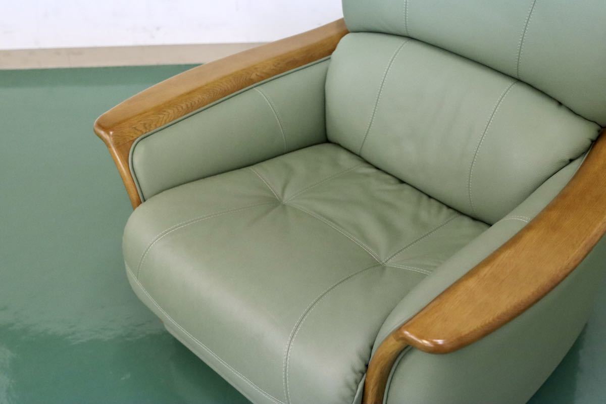 GMEH267○浜本工芸 / HAMAMOTO 1人掛けソファ シングルソファ 本革 回転チェア 楢材 国産家具 緑 グリーン ラウンジチェア 定価約15万