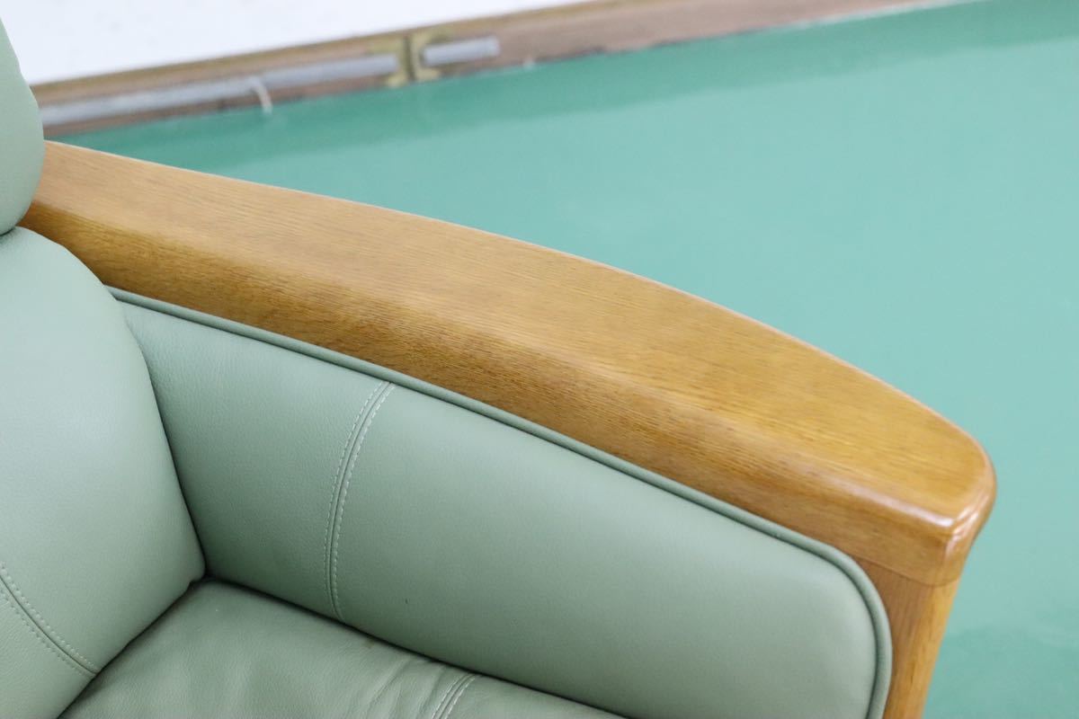 GMEH267○浜本工芸 / HAMAMOTO 1人掛けソファ シングルソファ 本革 回転チェア 楢材 国産家具 緑 グリーン ラウンジチェア 定価約15万