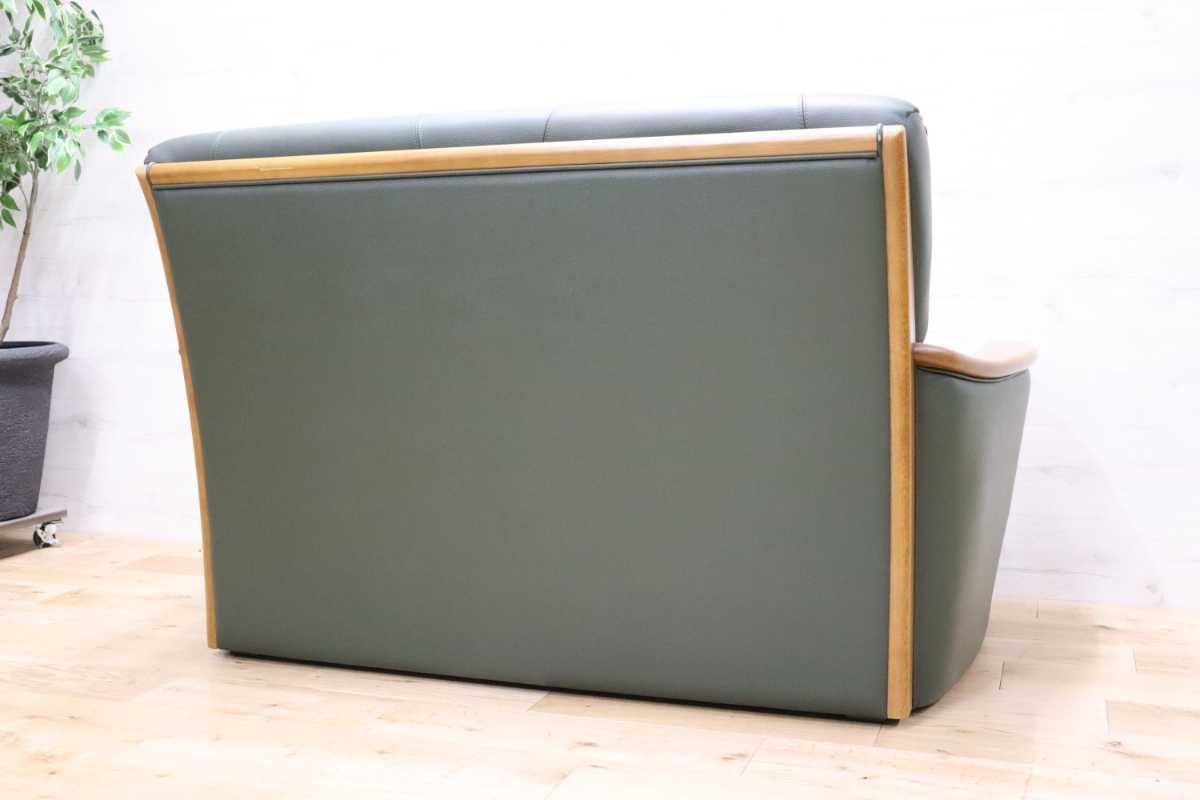 GMEH320○浜本工芸 / HAMAMOTO 2人掛けソファ ラブソファ 本革 国産家具 モダン 緑色 美品 定価約17万