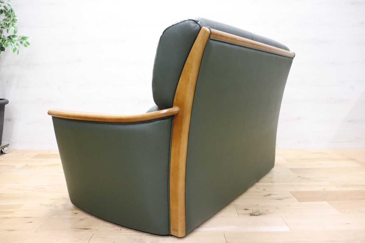 GMEH320○浜本工芸 / HAMAMOTO 2人掛けソファ ラブソファ 本革 国産家具 モダン 緑色 美品 定価約17万