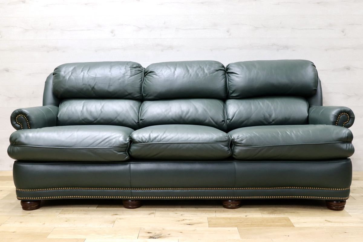 GMFN26○Hancock & Moore / ハンコック&ムーア 3人掛けソファ トリプルソファ 総革 深緑 ホワイトハウス御用達 IDC大塚家具 定価約120万